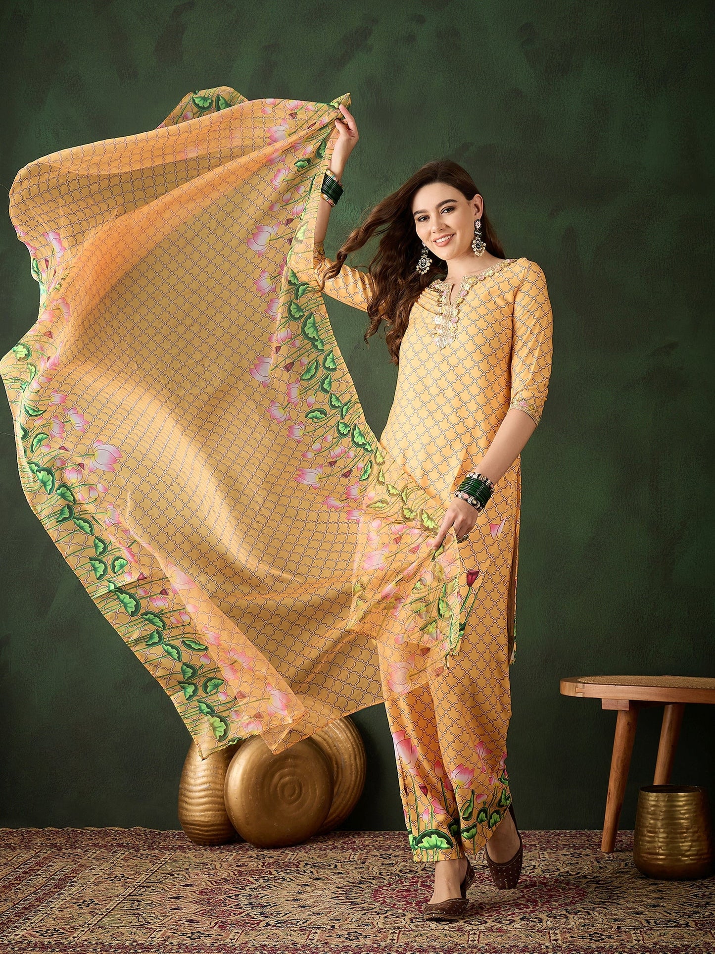 Yellow Pichwai Print Kurta Palazzo With Dupatta - Elganza