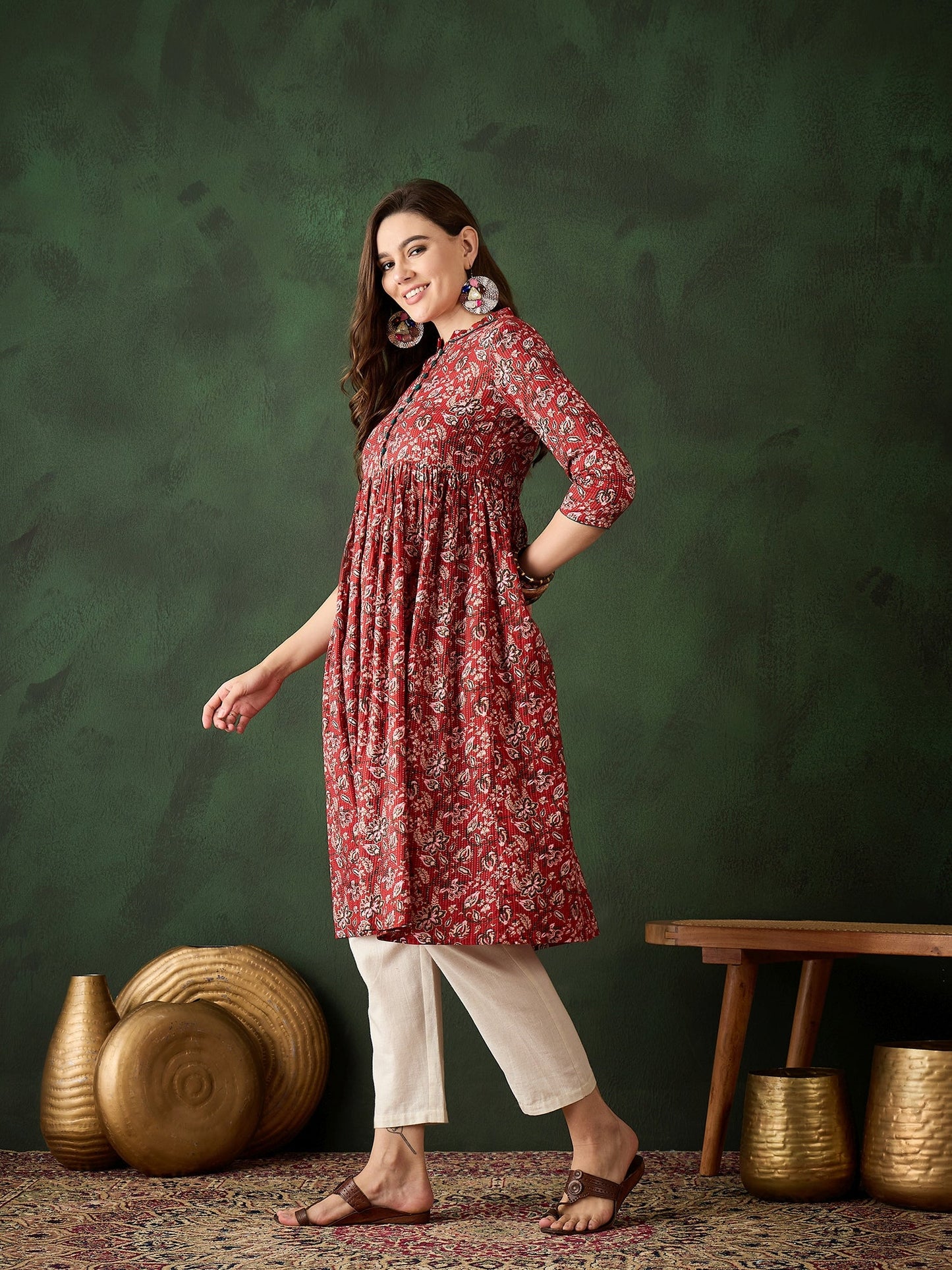 Red Floral Print Kantha Work Gathered Kurta - Elganza