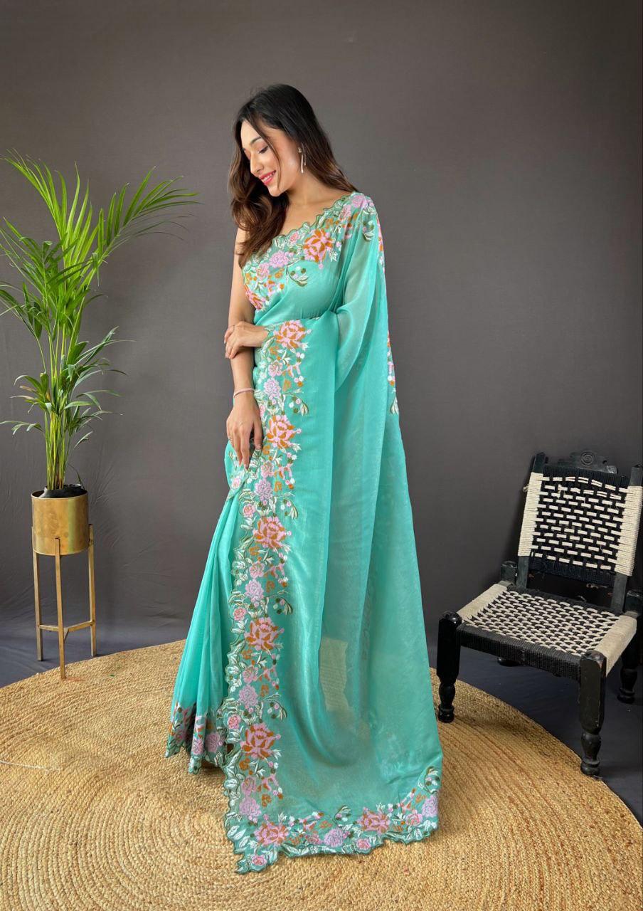 Soft Glossy Silk Designer Saree with Cross Stitch Floral Cutwork Border