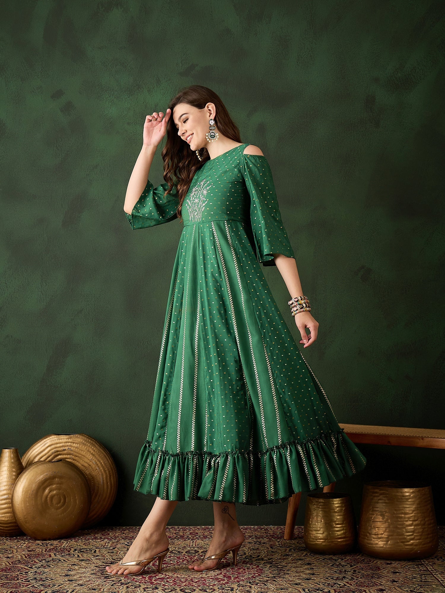 Dark Green Embroidered Flared Maxi Dress - Elganza