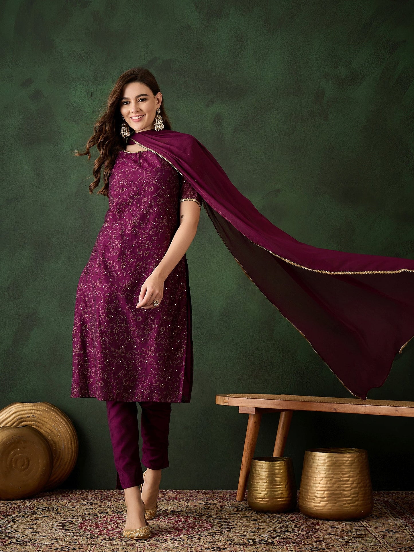 Purple Gold Print Kurta Pant With Dupatta - Elganza