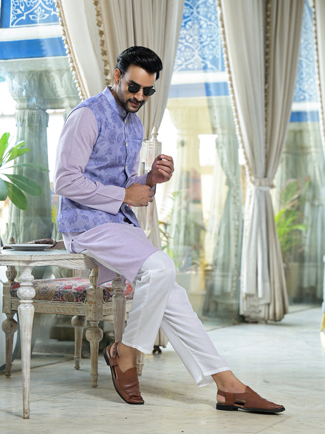 Lilac Color Floral print nehru jacket set - Elganza