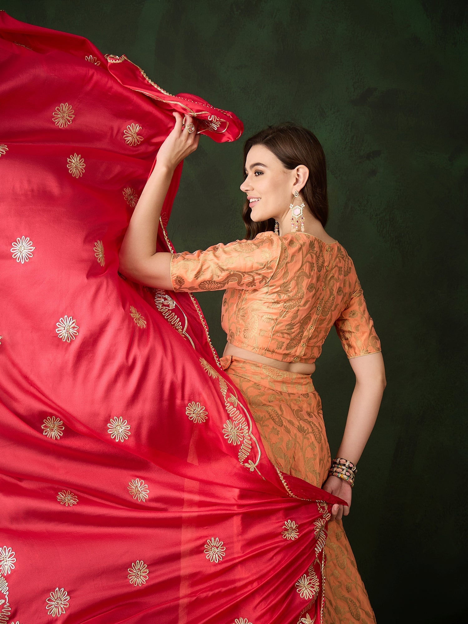 Peach Jacquard Lehenga Choli With Dupatta - Elganza