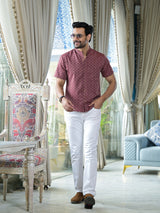 Maroon Woven Mandarin Collar Shirt - Elganza