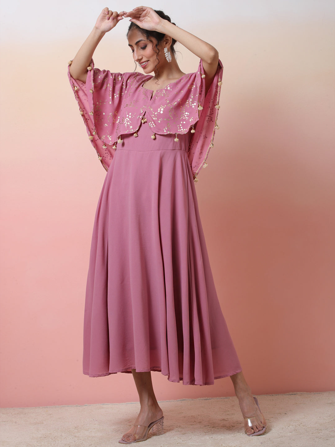 Mauve Foil Print Anarkali With Flared Sleeve - Elganza