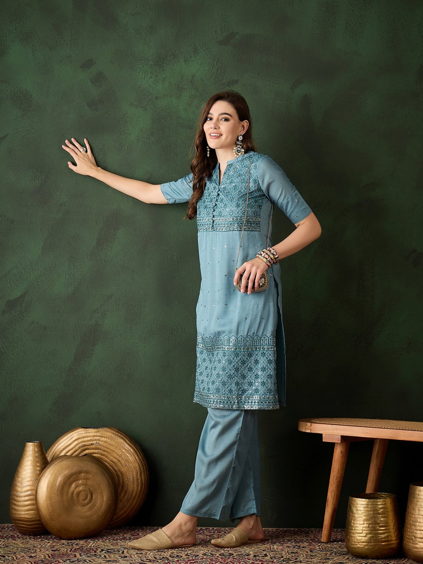 Blue Embroidered Kurta With Palazzo - Elganza