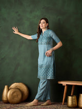 Blue Embroidered Kurta With Palazzo - Elganza