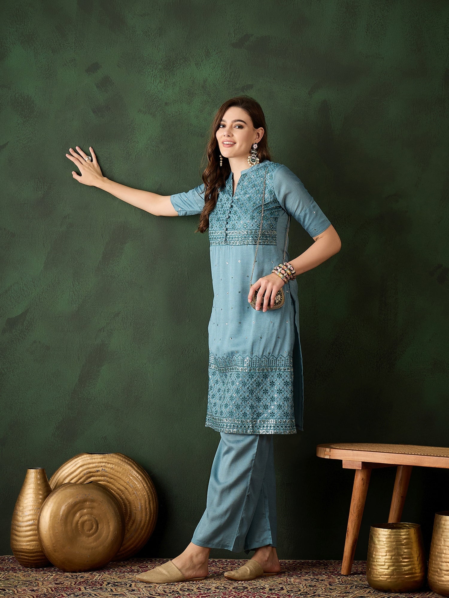 Blue Embroidered Kurta With Palazzo - Elganza
