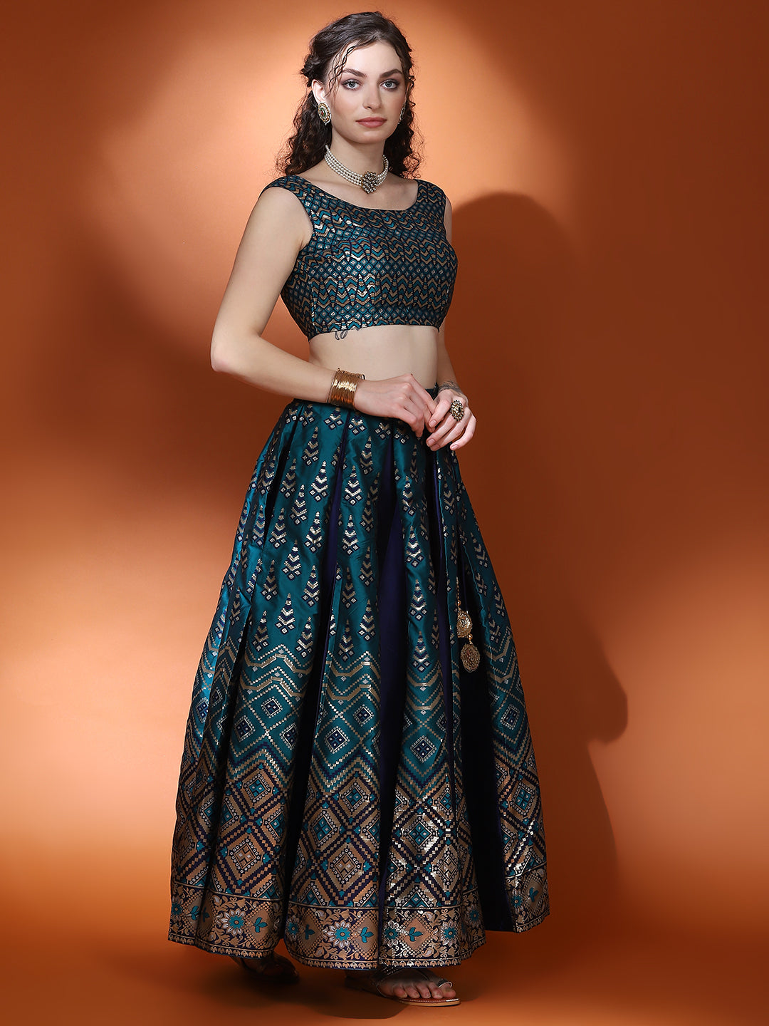 Teal Blue Gold Zari Work Lehenga Choli With Dupatta - Elganza