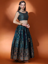 Teal Blue Gold Zari Work Lehenga Choli With Dupatta - Elganza