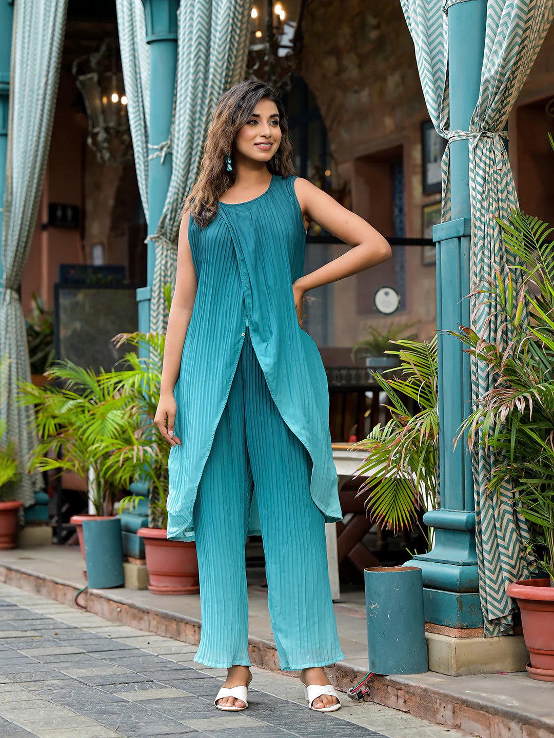 Elegant Green Ombre Pleated Wrap Kurta Set for Women | Georgette A-Line Kurta with Palazzo - L image