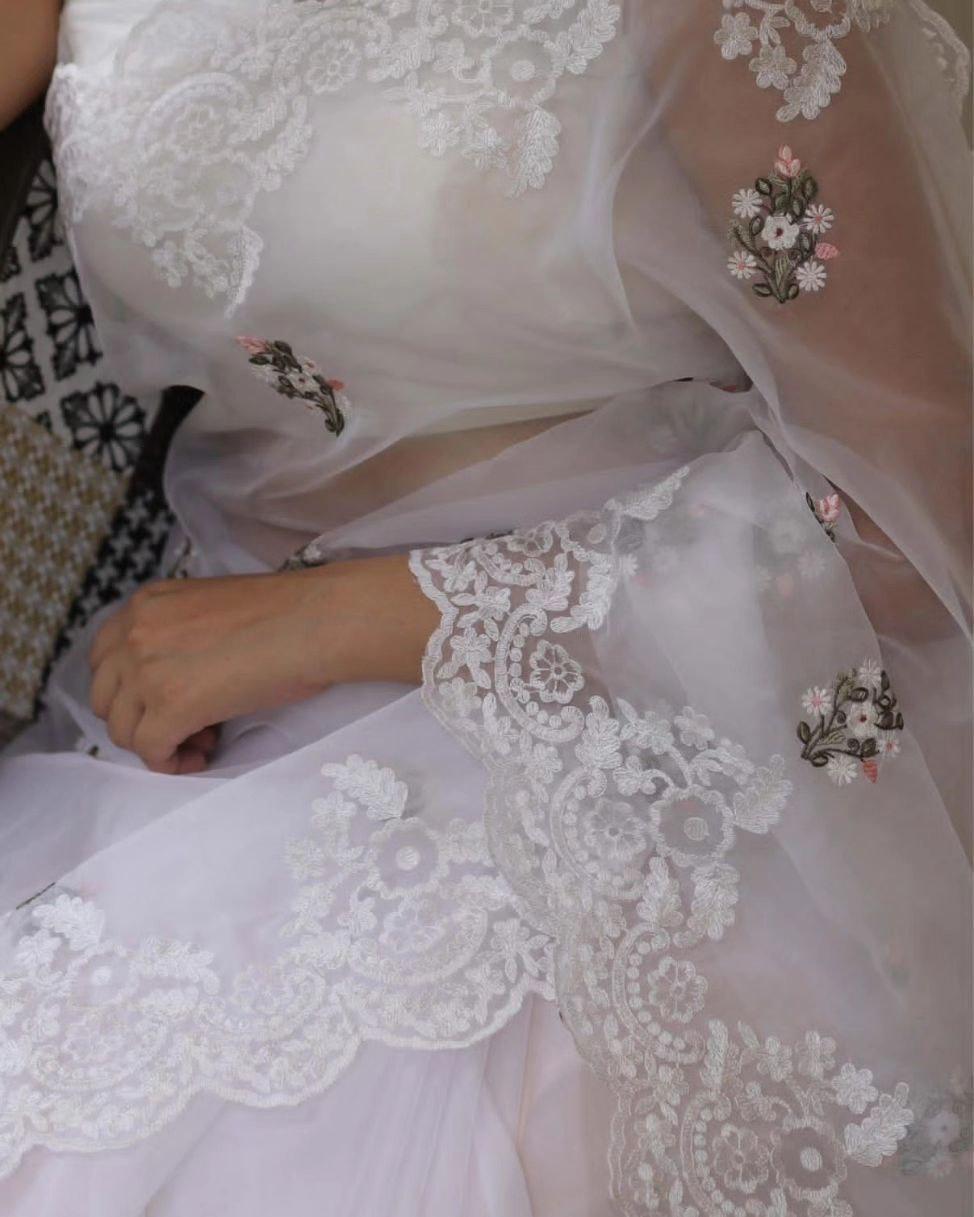 Designer Floral Embroidered Organza Silk Saree with Cutwork Border