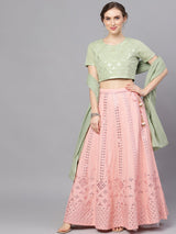 Peach & Green Mirror Work Lehenga Choli With Dupatta - Elganza