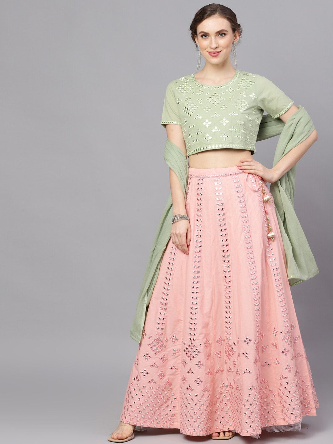 Peach & Green Mirror Work Lehenga Choli With Dupatta - Elganza