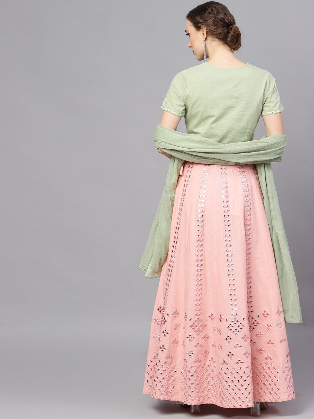 Peach & Green Mirror Work Lehenga Choli With Dupatta - Elganza