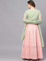 Peach & Green Mirror Work Lehenga Choli With Dupatta - Elganza
