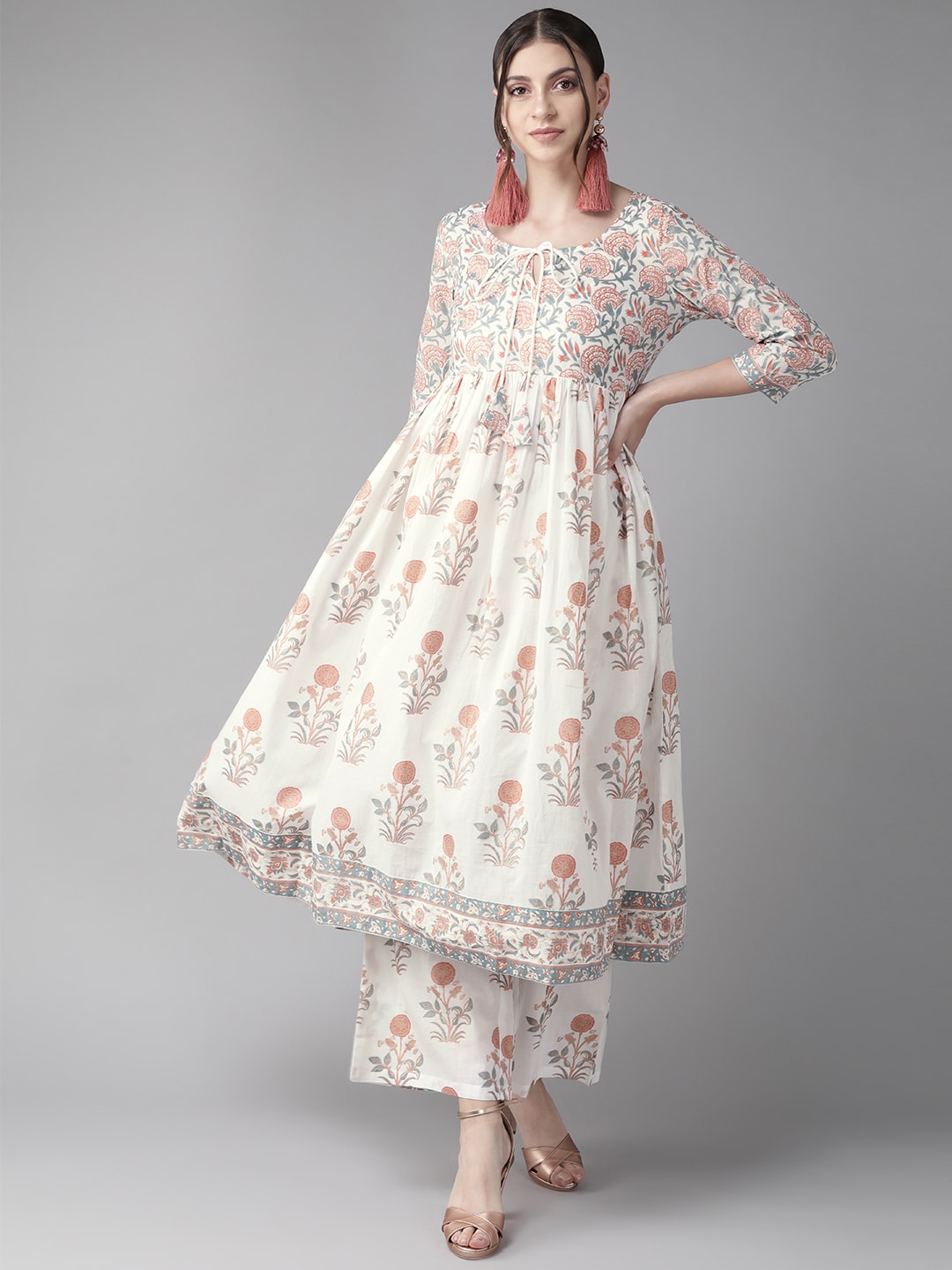 White Floral Print Kurta with Tie-Up - Elganza
