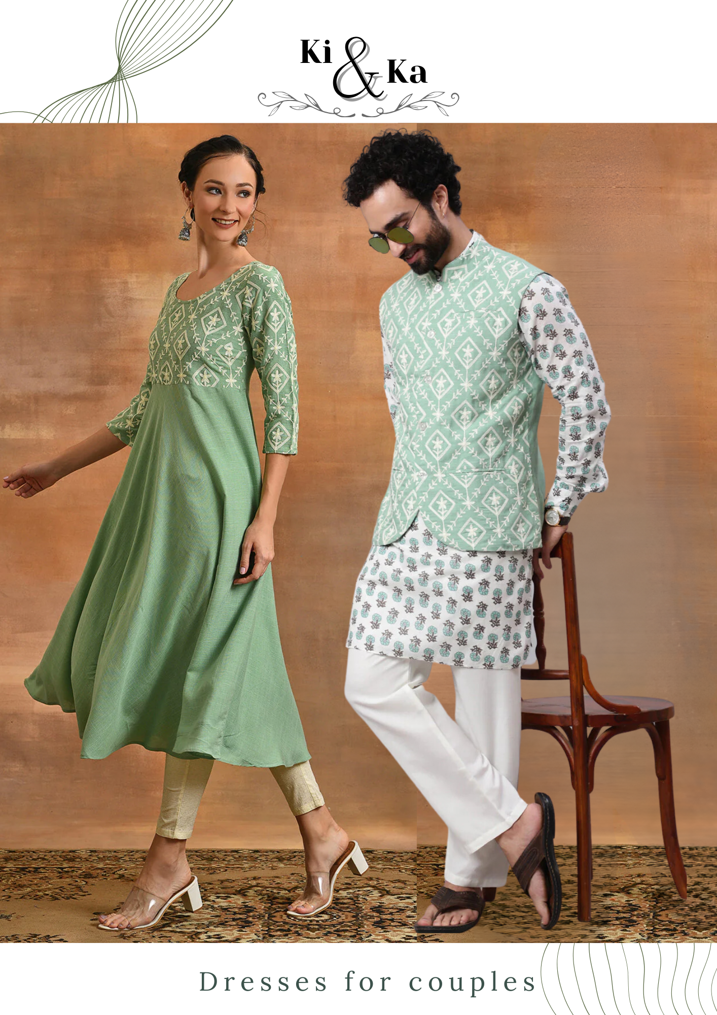 Sea Green Embroidered Couple Combo - Elganza
