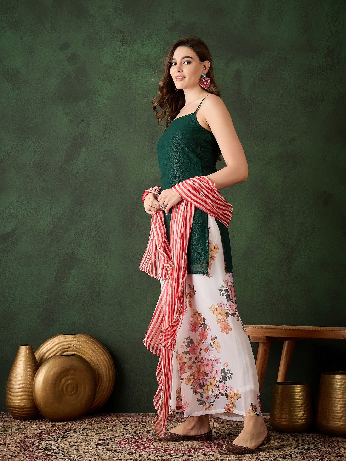 Green Kurta With Floral Print Palazzo & Dupatta - Elganza