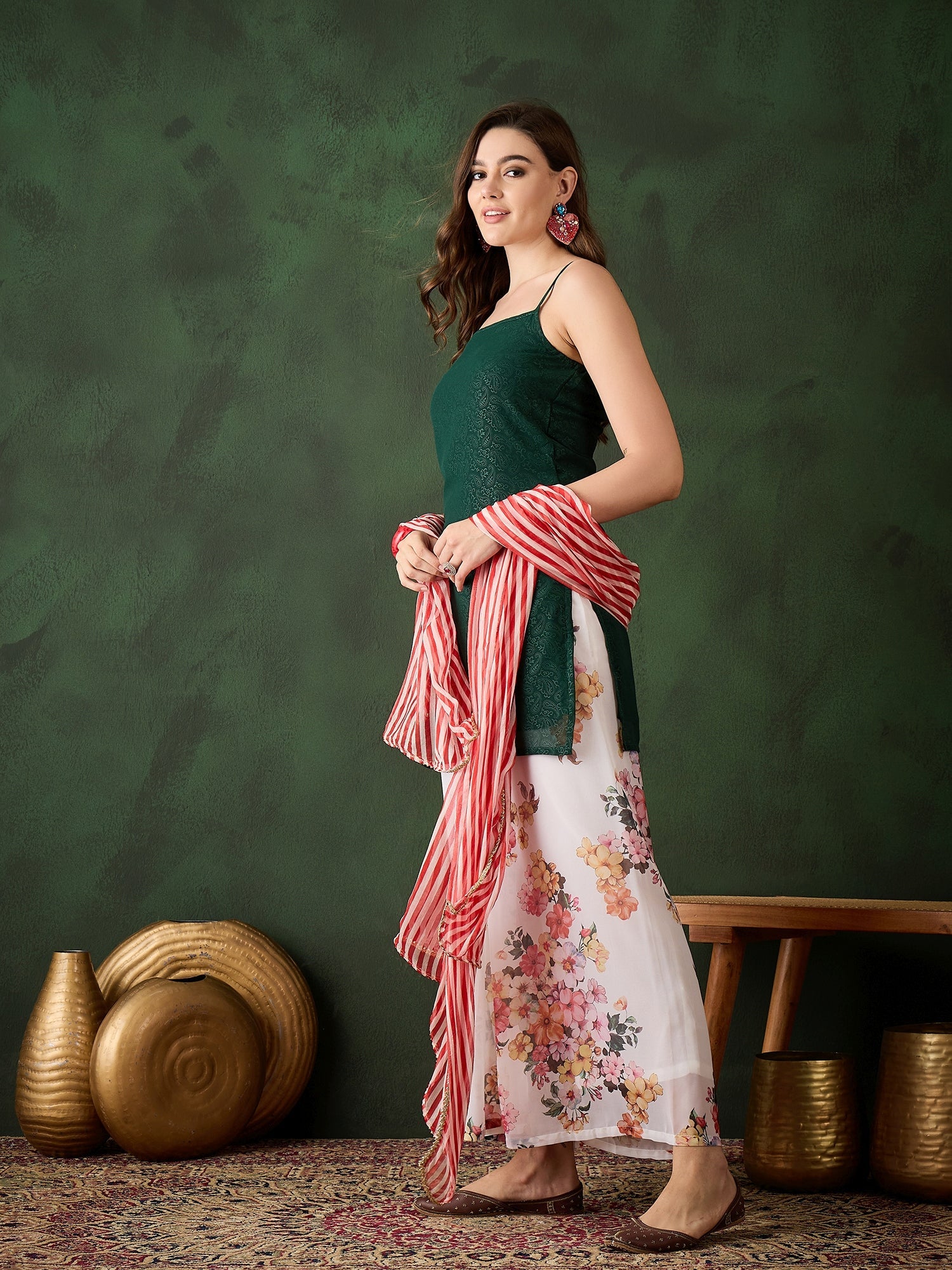 Green Kurta With Floral Print Palazzo & Dupatta - Elganza