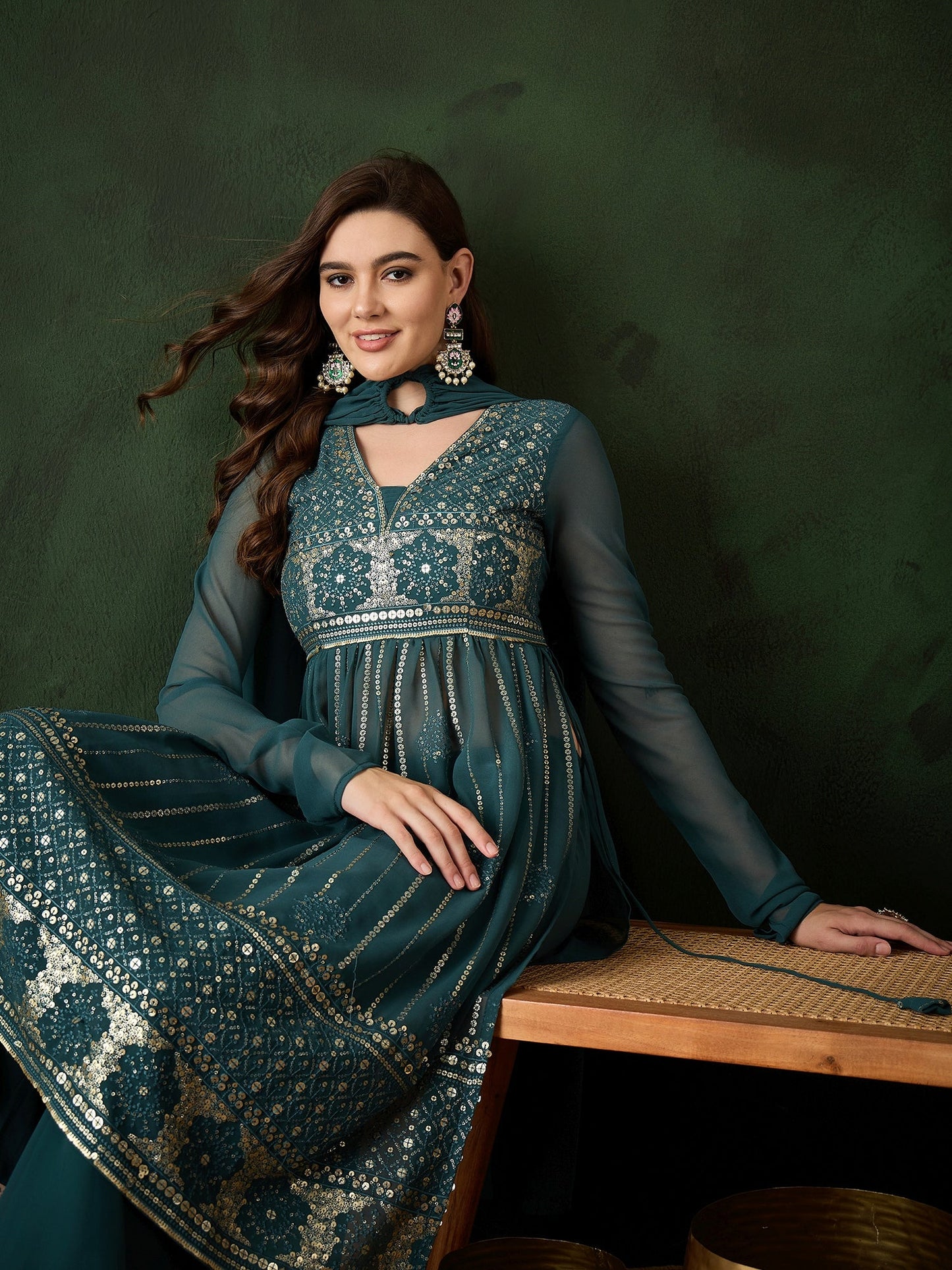 Teal Embroidered Nyra-Cut Kurta Palazzo With Dupatta - Elganza
