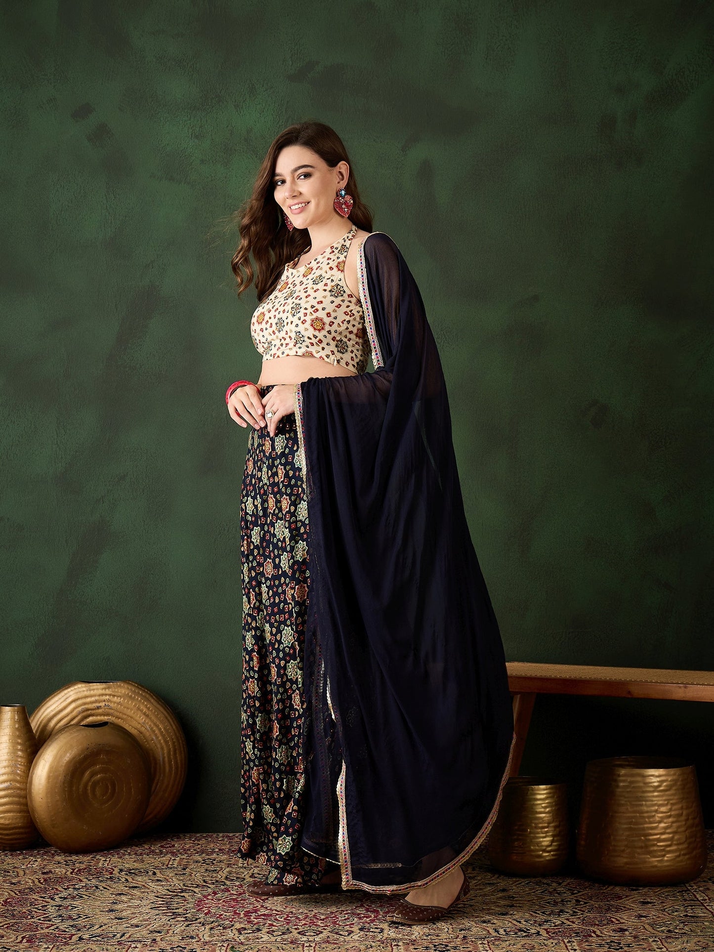 Navy Blue Gold Printed Lehenga Choli With Dupatta - Elganza