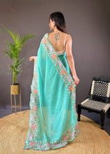 Soft Glossy Silk Designer Saree with Cross Stitch Floral Cutwork Border