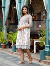 White Mughal Print A-Line Dress - Elganza