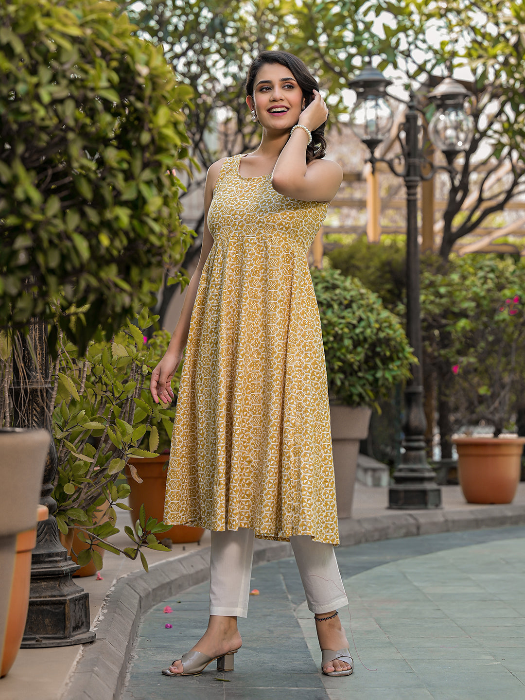 Beige Anarkali with tie-ups at back - Elganza