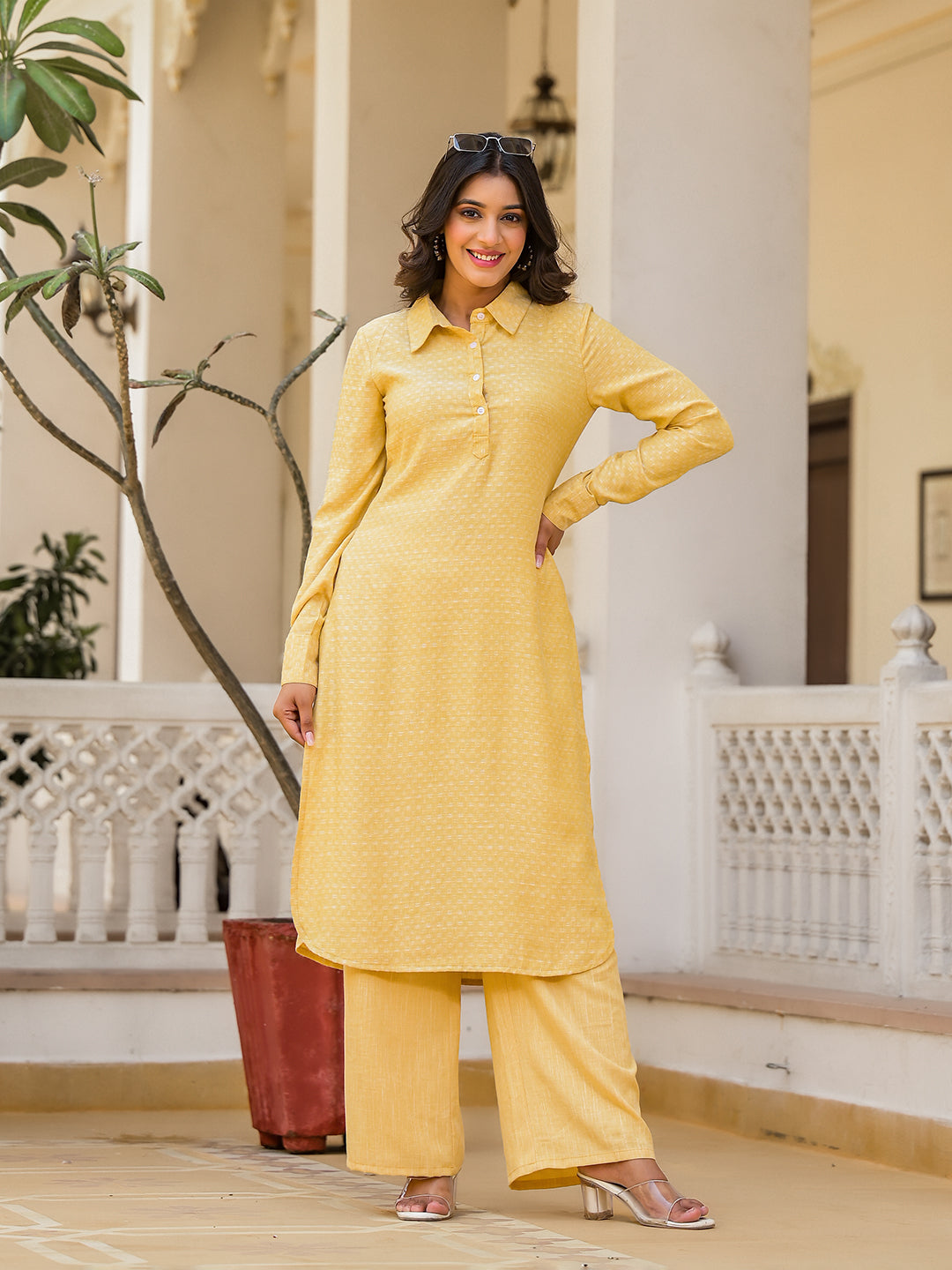 Yellow Pathani Kurta Palazzo Set - Elganza