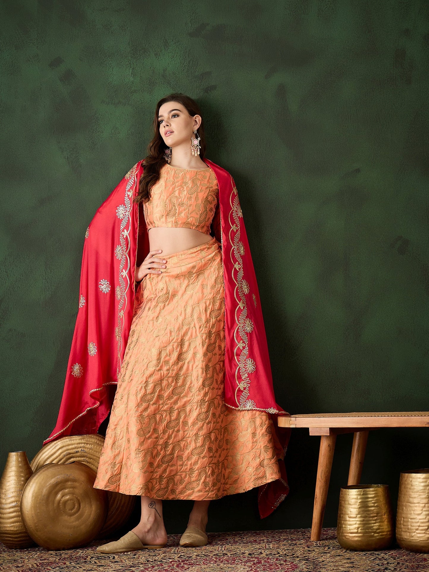 Peach Jacquard Lehenga Choli With Dupatta - Elganza