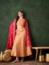 Peach Jacquard Lehenga Choli With Dupatta - Elganza