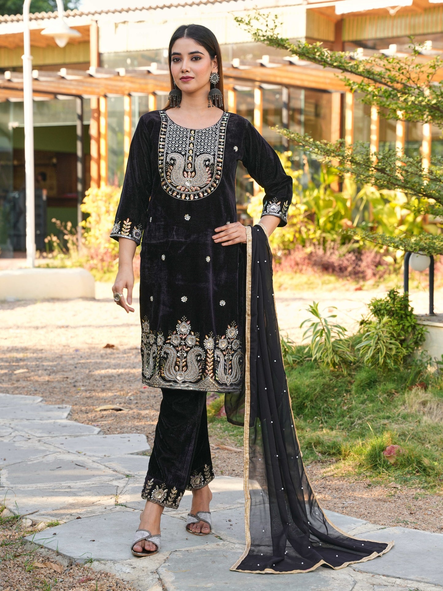 Women Designer 3 Piece Velvet Suit Set with Embellished Top, Velvet Bottom & Faux Georgette Dupatta