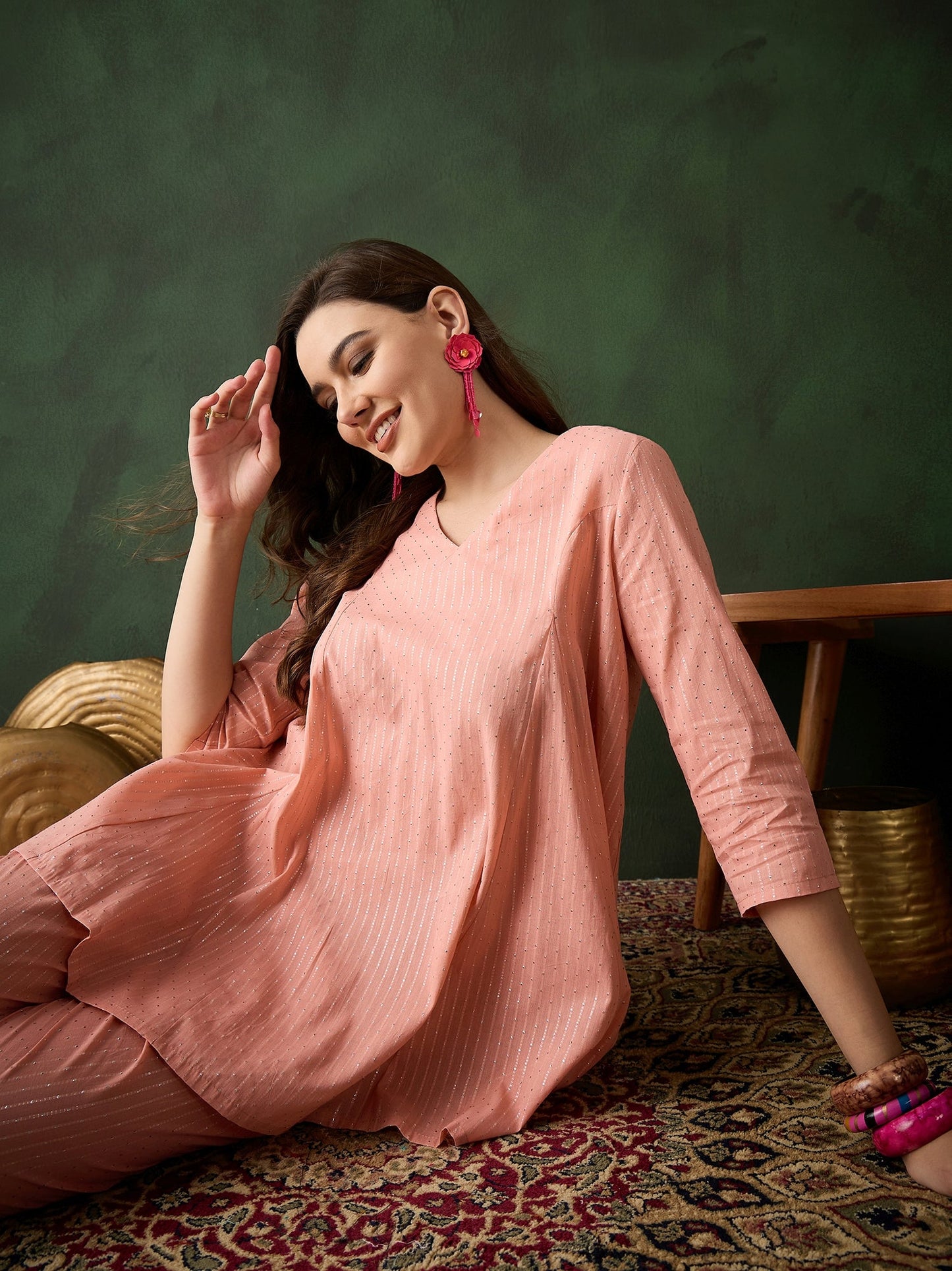Pink Lurex Designed Flared Co-Ord Set - Elganza