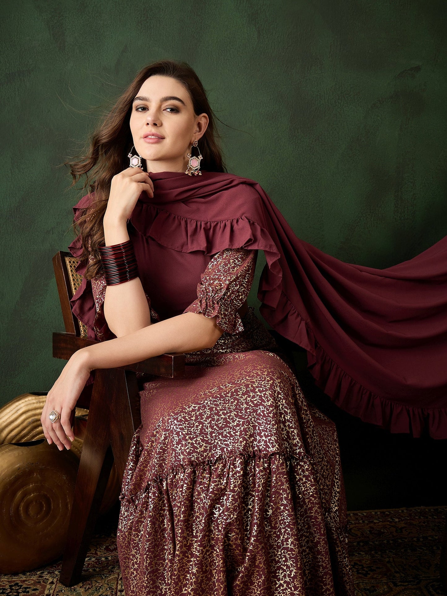 Burgundy Foil Printed Lehenga Choli With Dupatta - Elganza