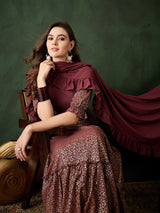 Burgundy Foil Printed Lehenga Choli With Dupatta - Elganza