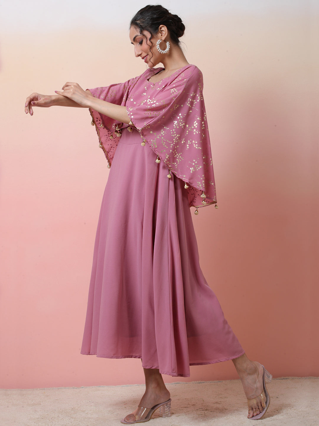 Mauve Foil Print Anarkali With Flared Sleeve - Elganza