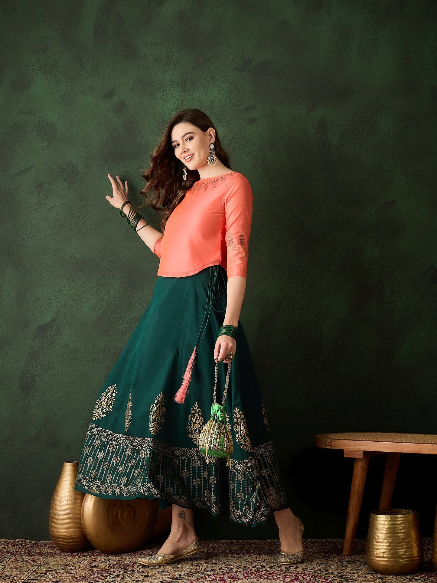 Green & Peach Block Print Lehenga Choli - Elganza