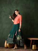 Green & Peach Block Print Lehenga Choli - Elganza