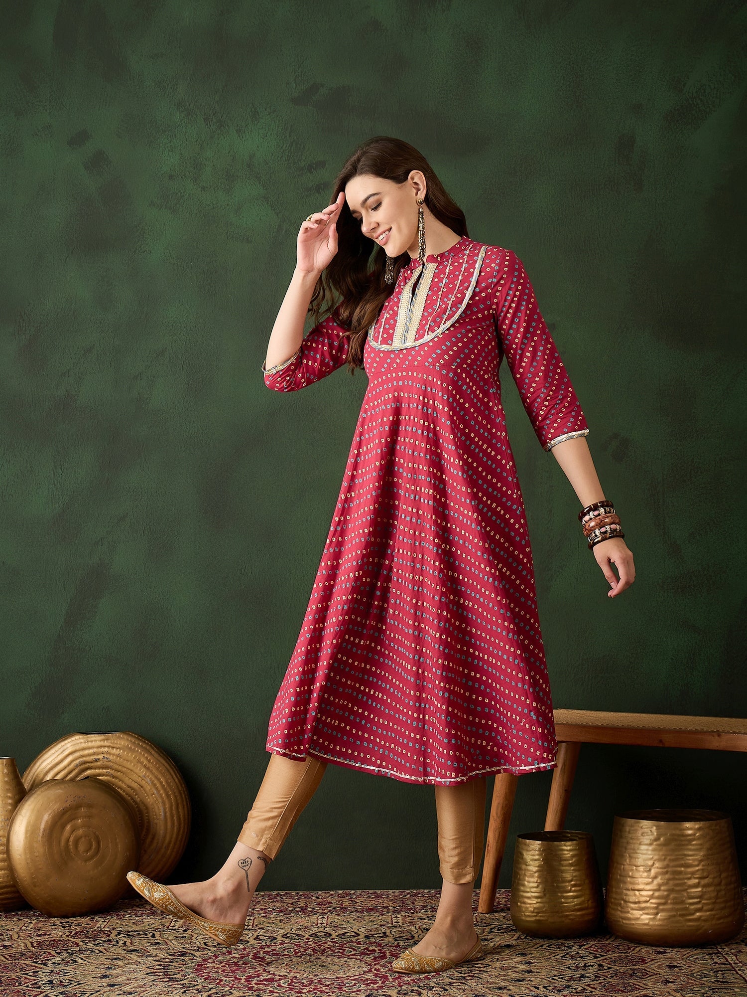 Red Bandhani Print Anarkali - Elganza