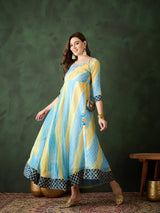 Blue Embroidered Flared Maxi Dress - Elganza