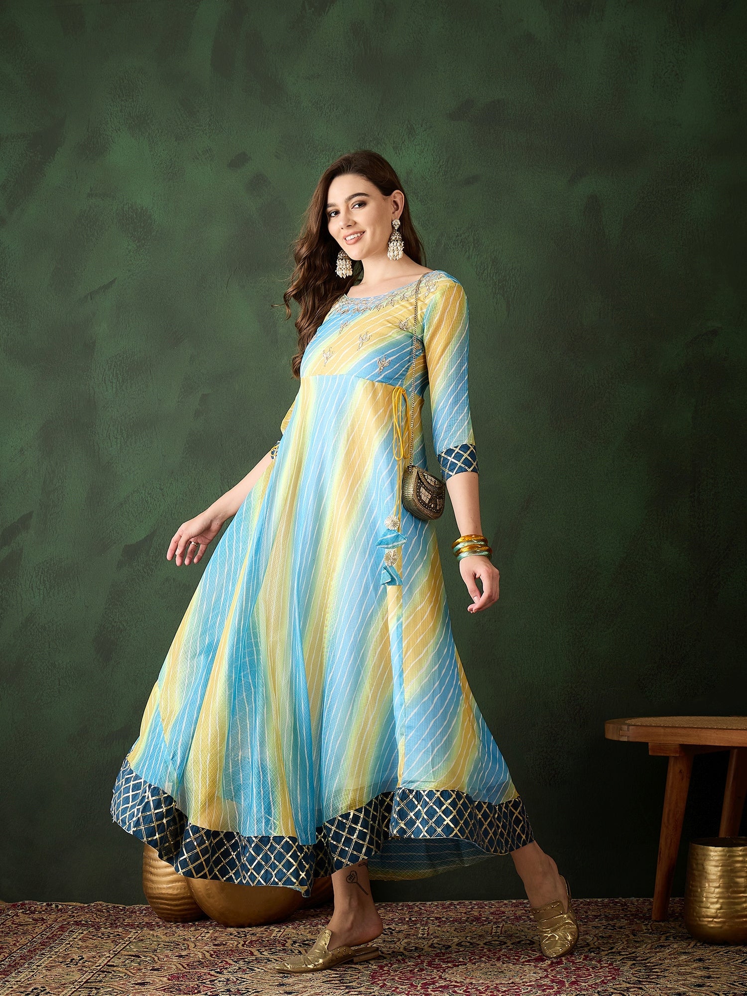 Blue Embroidered Flared Maxi Dress - Elganza