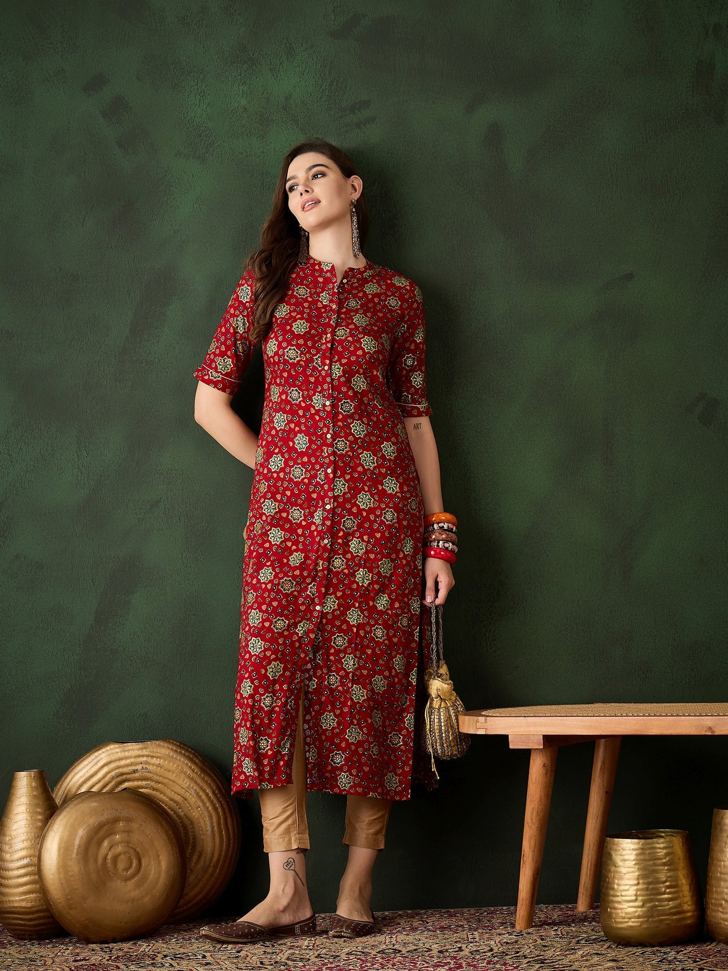 Red Gold Print Button Down Kurta - Elganza