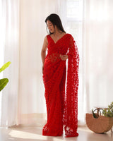 Traditional Designer Butterfly Net Saree with Chain Stitch Embroidery & Stone Work