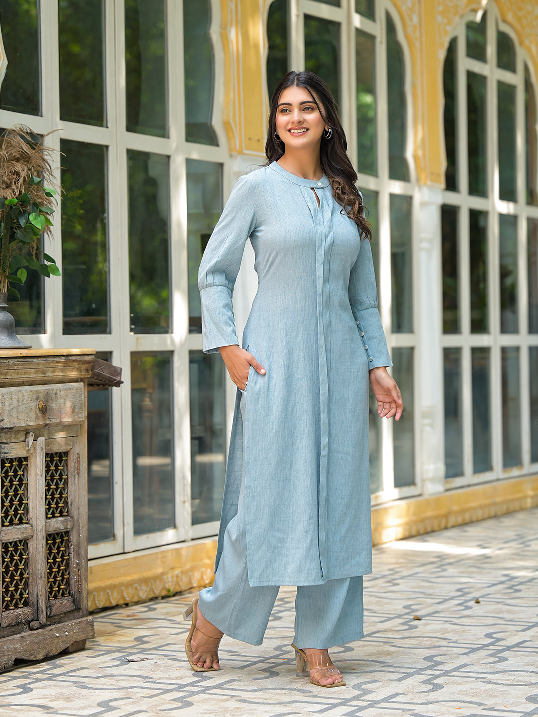 Powder Blue Solid Kurta with Palazzo - Elganza