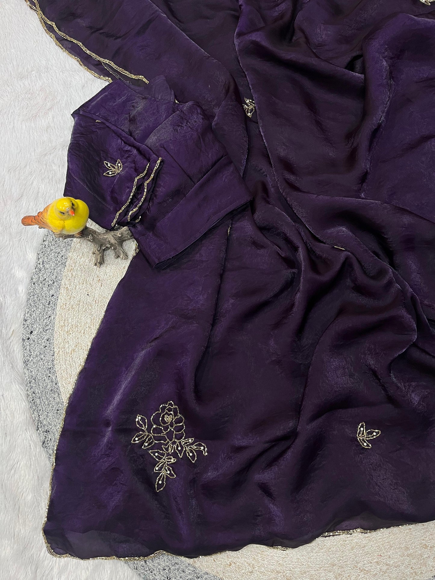 Designer Fandy Satin Silk Saree with Floral Pipe & Pearl Embellishment and Matching Unstitched Blouse