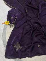 Designer Fandy Satin Silk Saree with Floral Pipe & Pearl Embellishment and Matching Unstitched Blouse