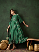 Dark Green Embroidered Flared Maxi Dress - Elganza