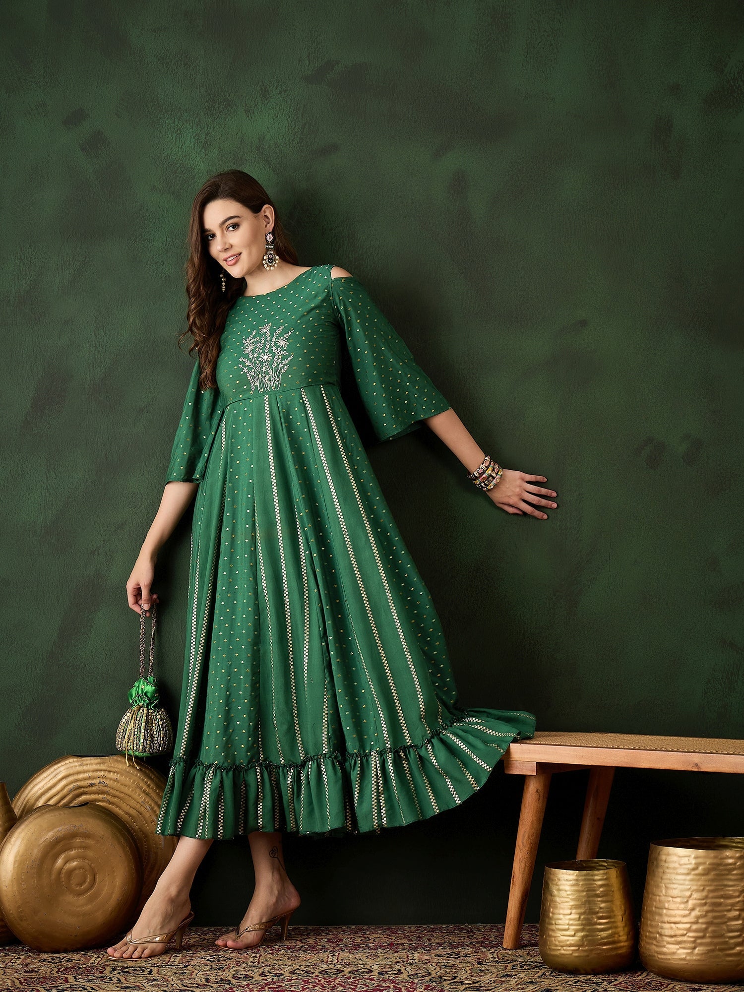Dark Green Embroidered Flared Maxi Dress - Elganza