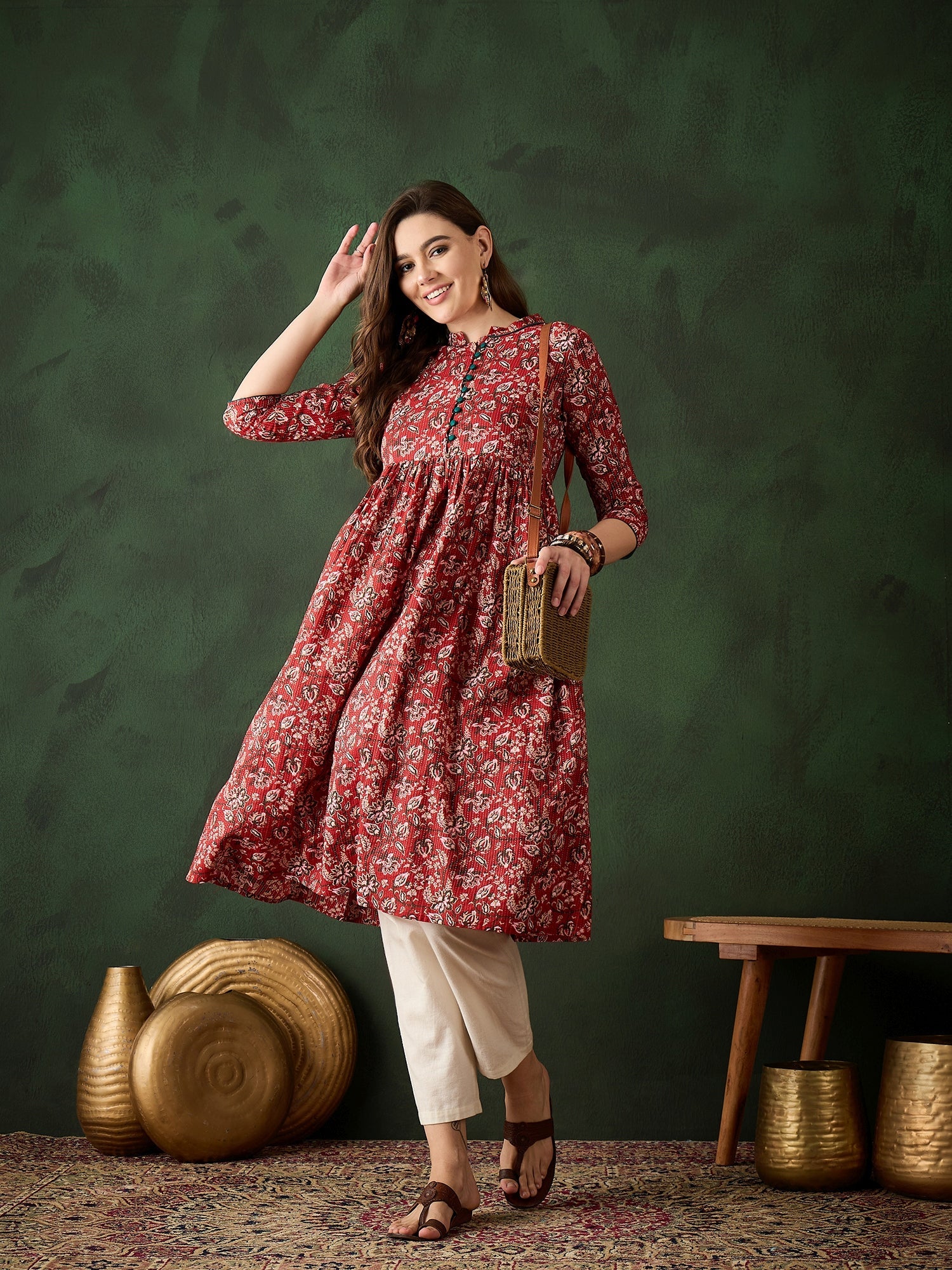 Red Floral Print Kantha Work Gathered Kurta - Elganza
